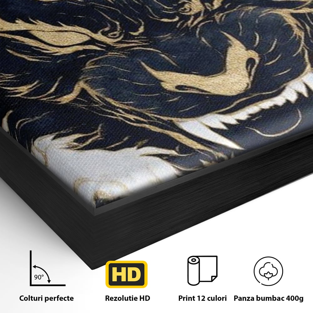 Detaliu al suprafetei: tablou canvas cu cap de tigru furios, in rama de aluminiu negru